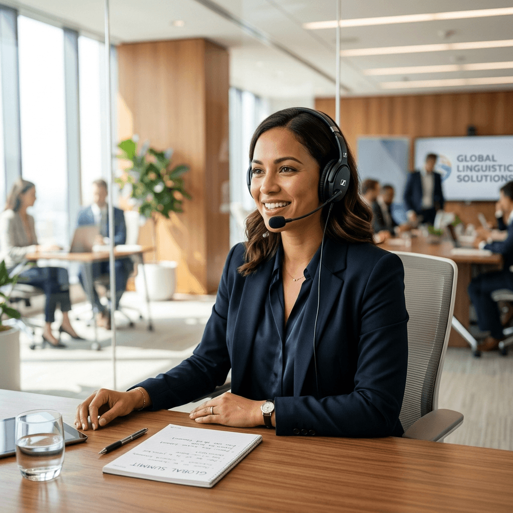 Professional remote interpreter using studio headphones and microphone