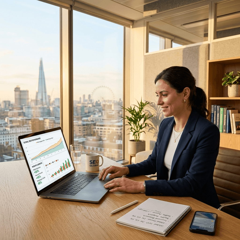 Laptop with data charts showing global organic traffic growth